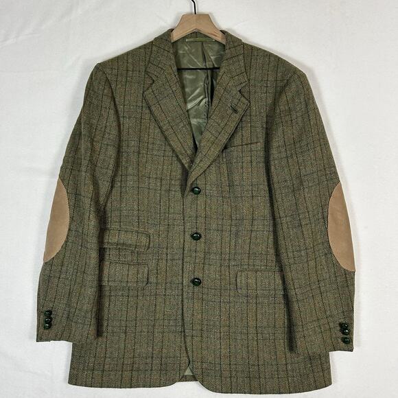 Blarney Woolen Mills Men’s 44 Donegal Tweed Wool Blazer Green Elbow Patch Vtg - Picture 1 of 16